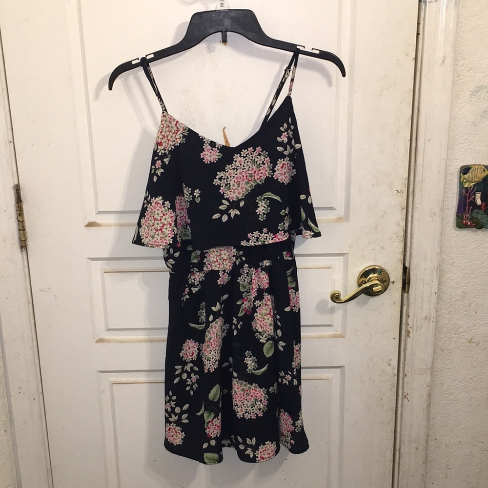 A navy blue floral dress